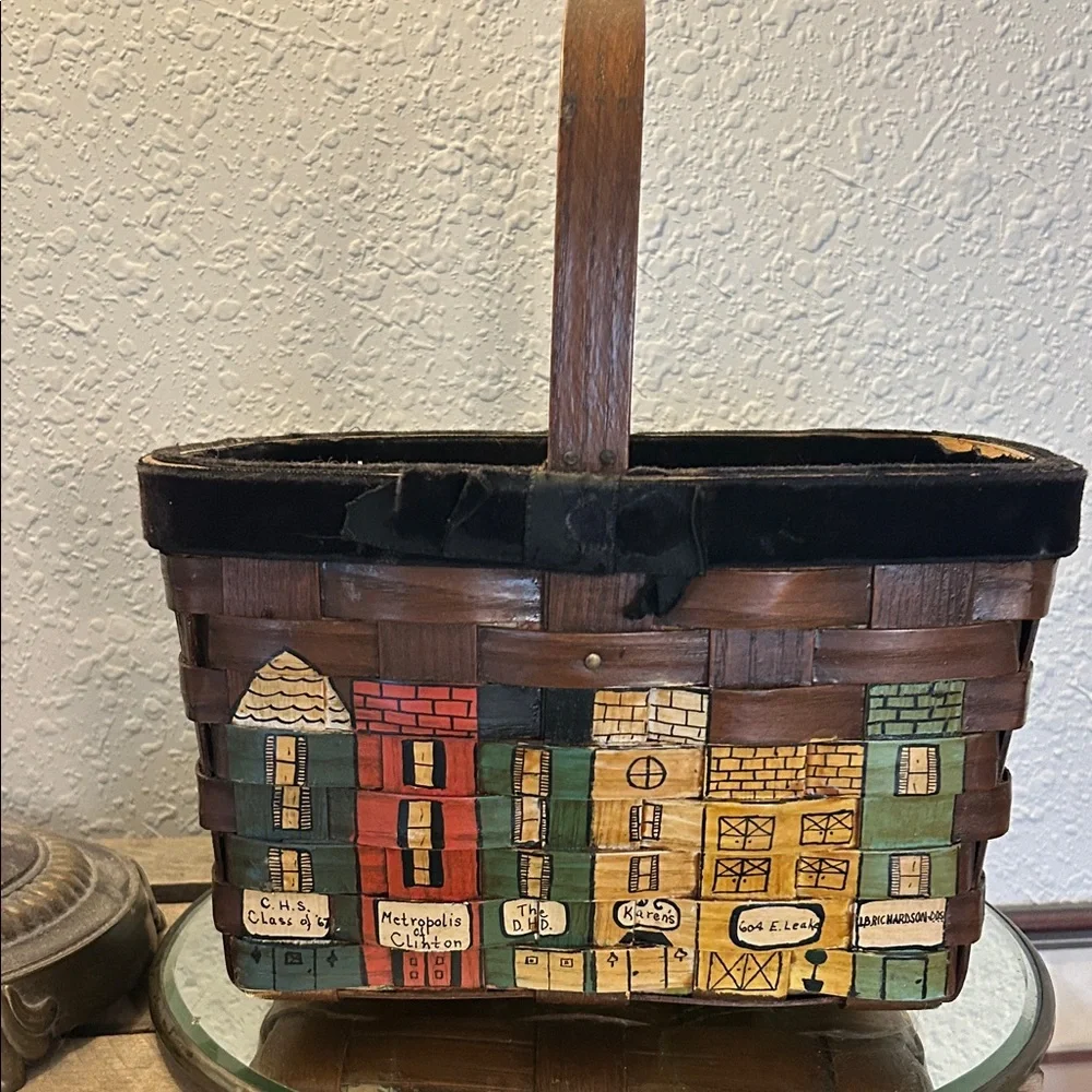 Handcrafted  Caro Nan Village Scene Basket repurposed